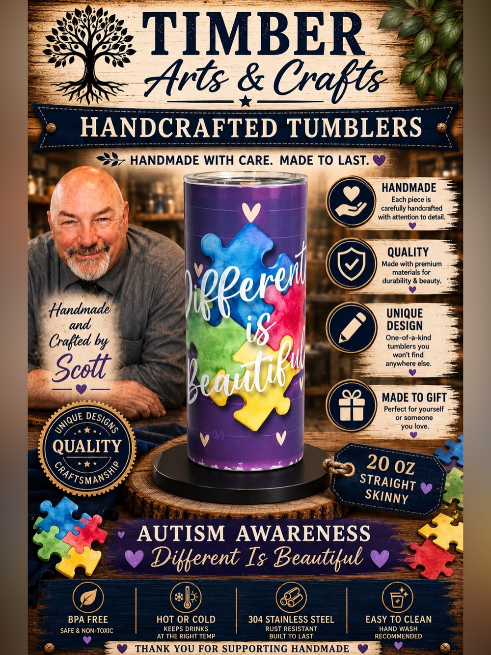 Autism Awareness “Different Is Beautiful “20 oz
Straight Skinny Tumbler
